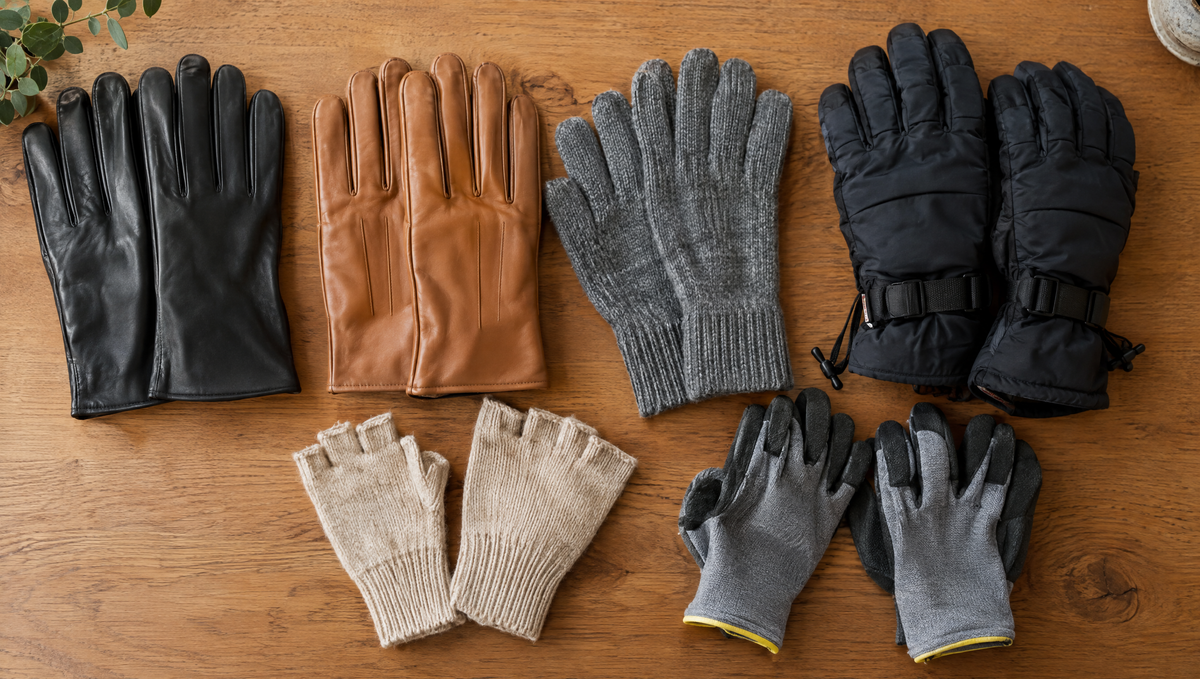 Assortiment de gants en cuir, laine, mitaines, gants de ski et de travail posés sur une table en bois