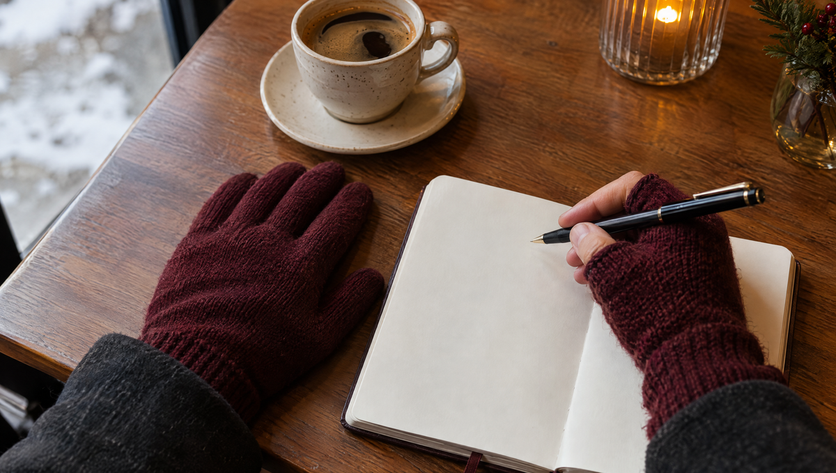 Une main en gant de laine bordeaux et l'autre en mitaine assortie tenant un stylo Image