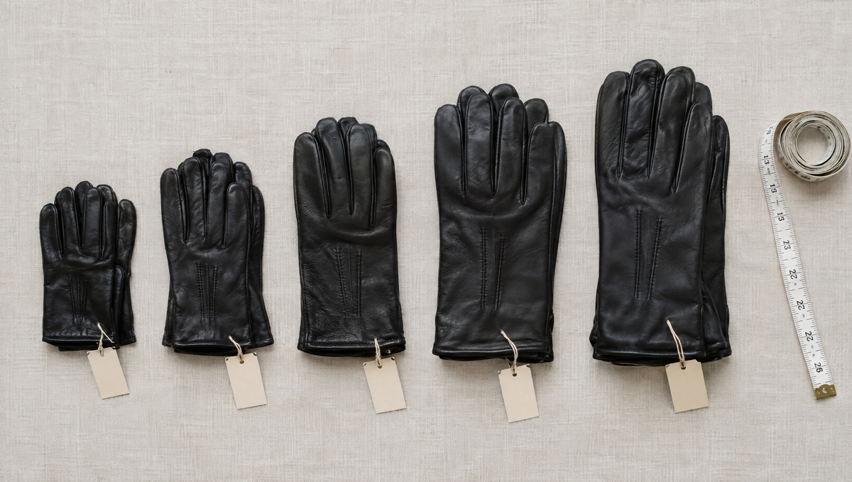Paires de gants en cuir noir alignées de la plus petite à la plus grande taille, à côté d'un mètre ruban Image