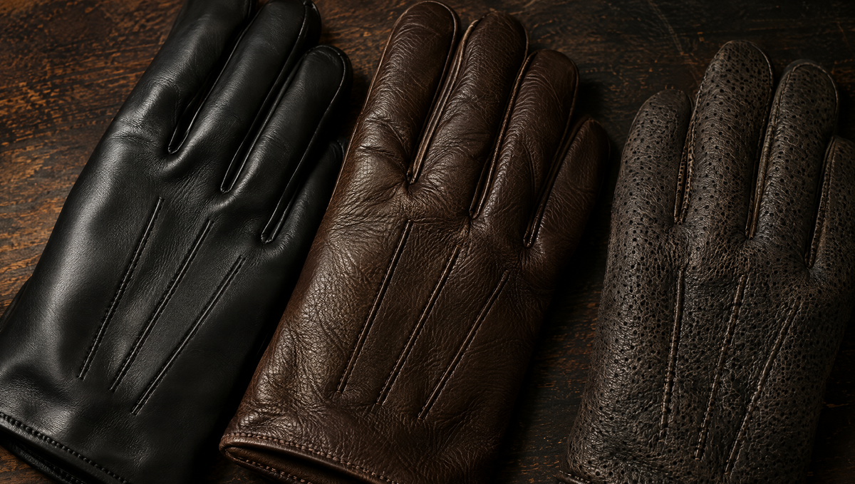 Gros plan sur trois cuirs de gants : agneau, chèvre et pécari