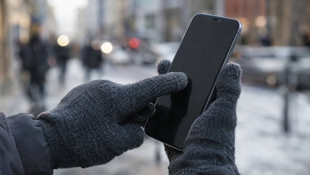 Doigt ganté d'un gant tactile en maille touchant l'écran d'un téléphone en hiver Image