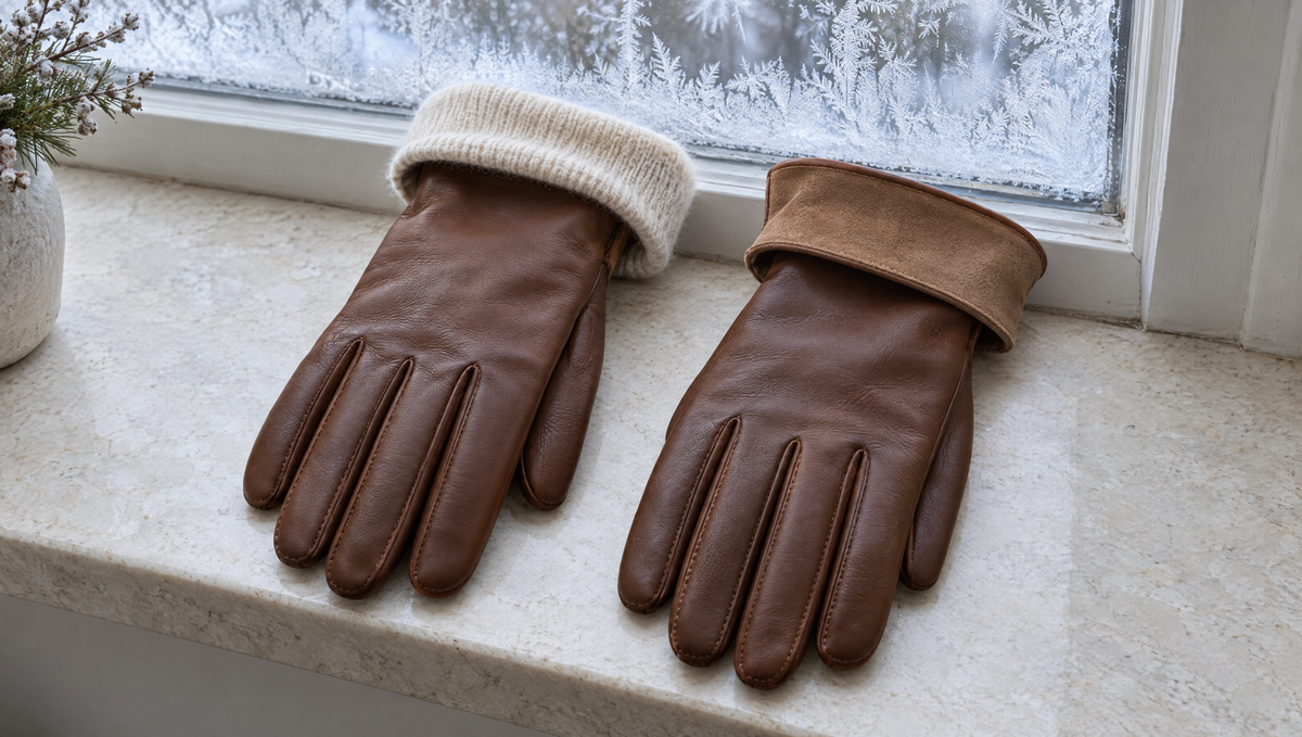 Deux gants en cuir retournés au poignet : l'un doublé de cachemire, l'autre non doublé