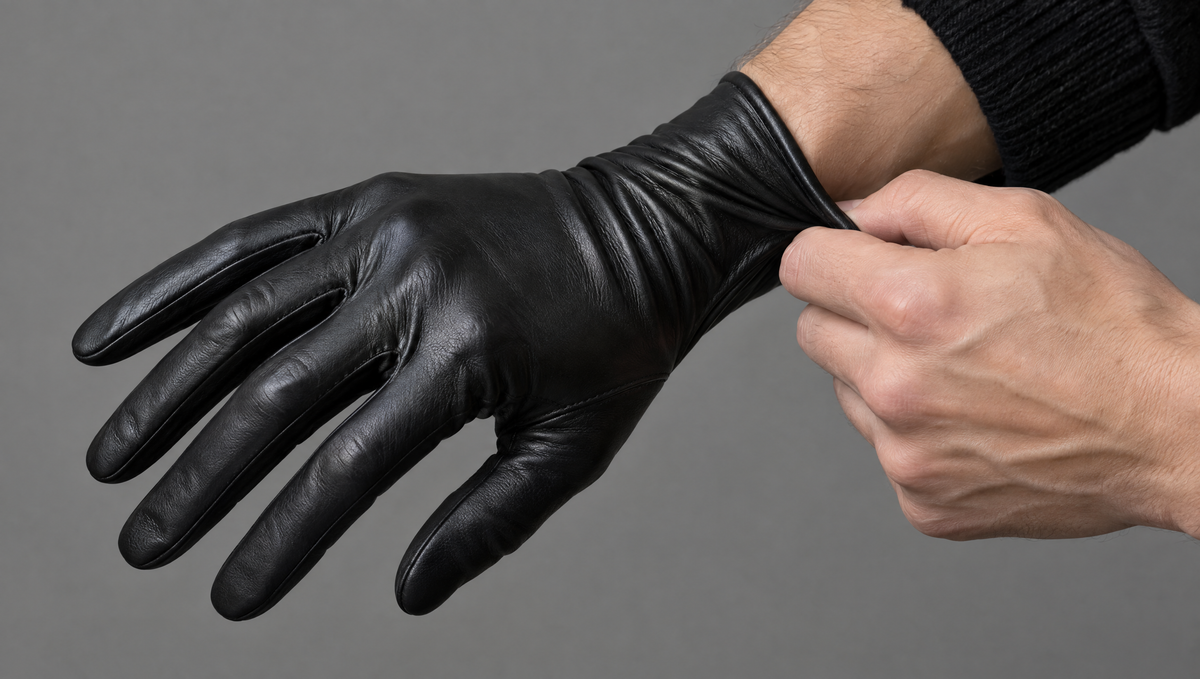Main gauche enfilant un gant en cuir noir neuf, tendu sur les jointures Image