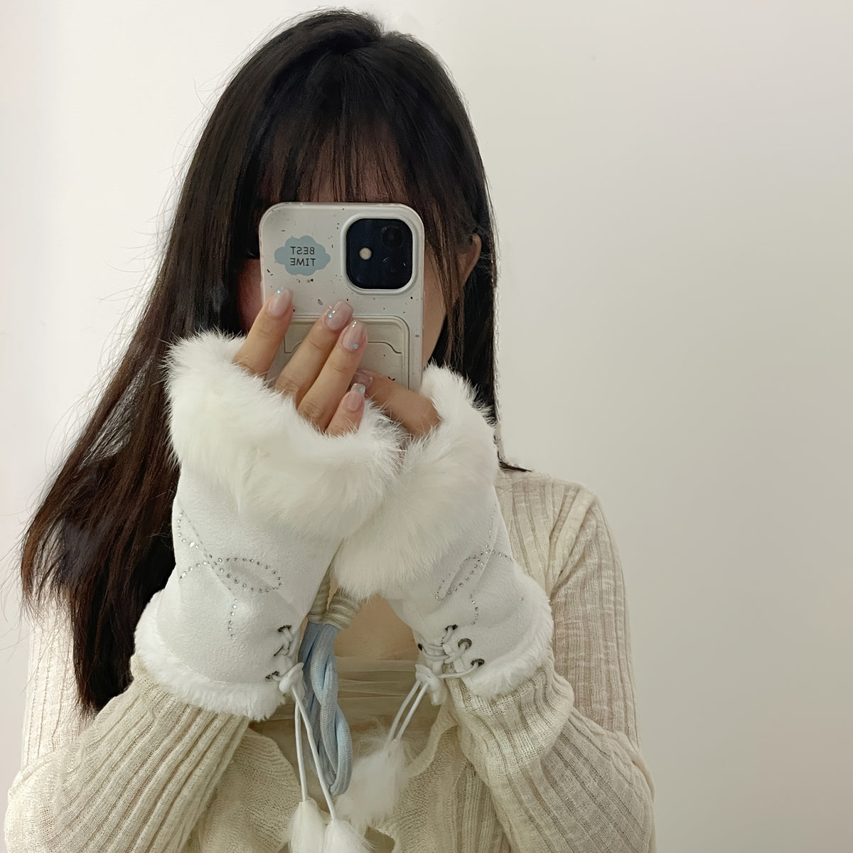 Gants sans doigts en maille, 2 coloris, blanc et noir brillant