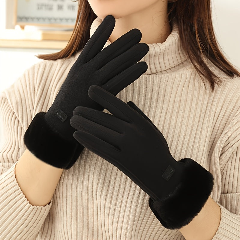 Gants épais à revers de fourrure à étiquette cousue en suédine
