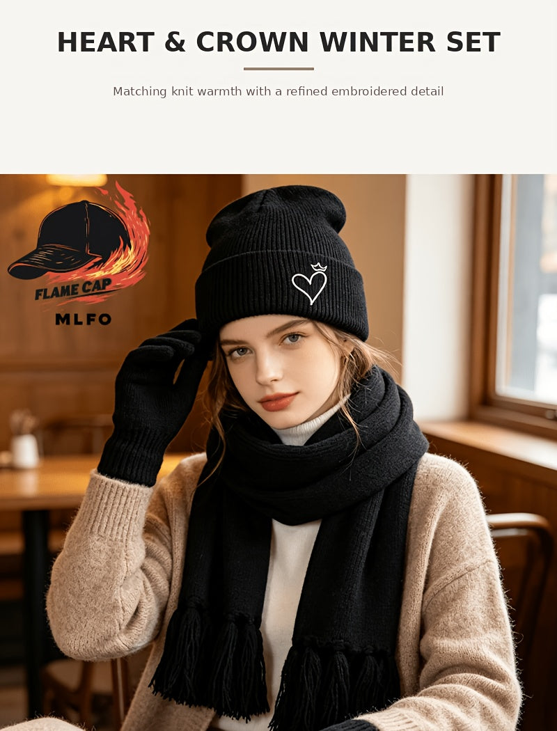 Ensemble 3 pièces — bonnet, écharpe et gants, blanc