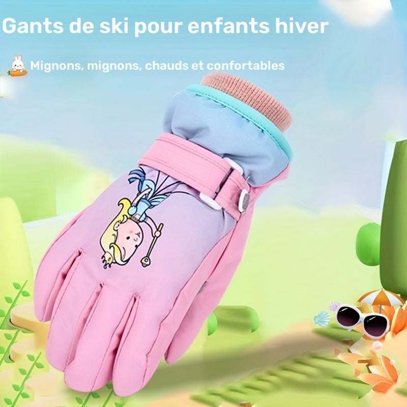 Gants de ski imperméables à sangle de poignet pour enfant às oursons