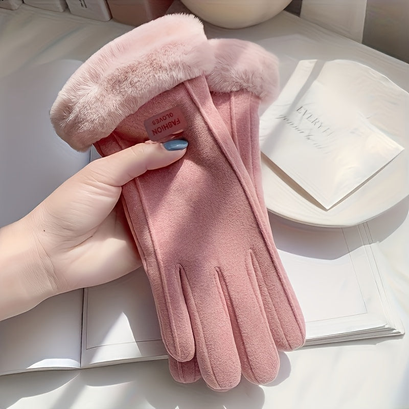 Gants épais à revers de fourrure à étiquette cousue en suédine