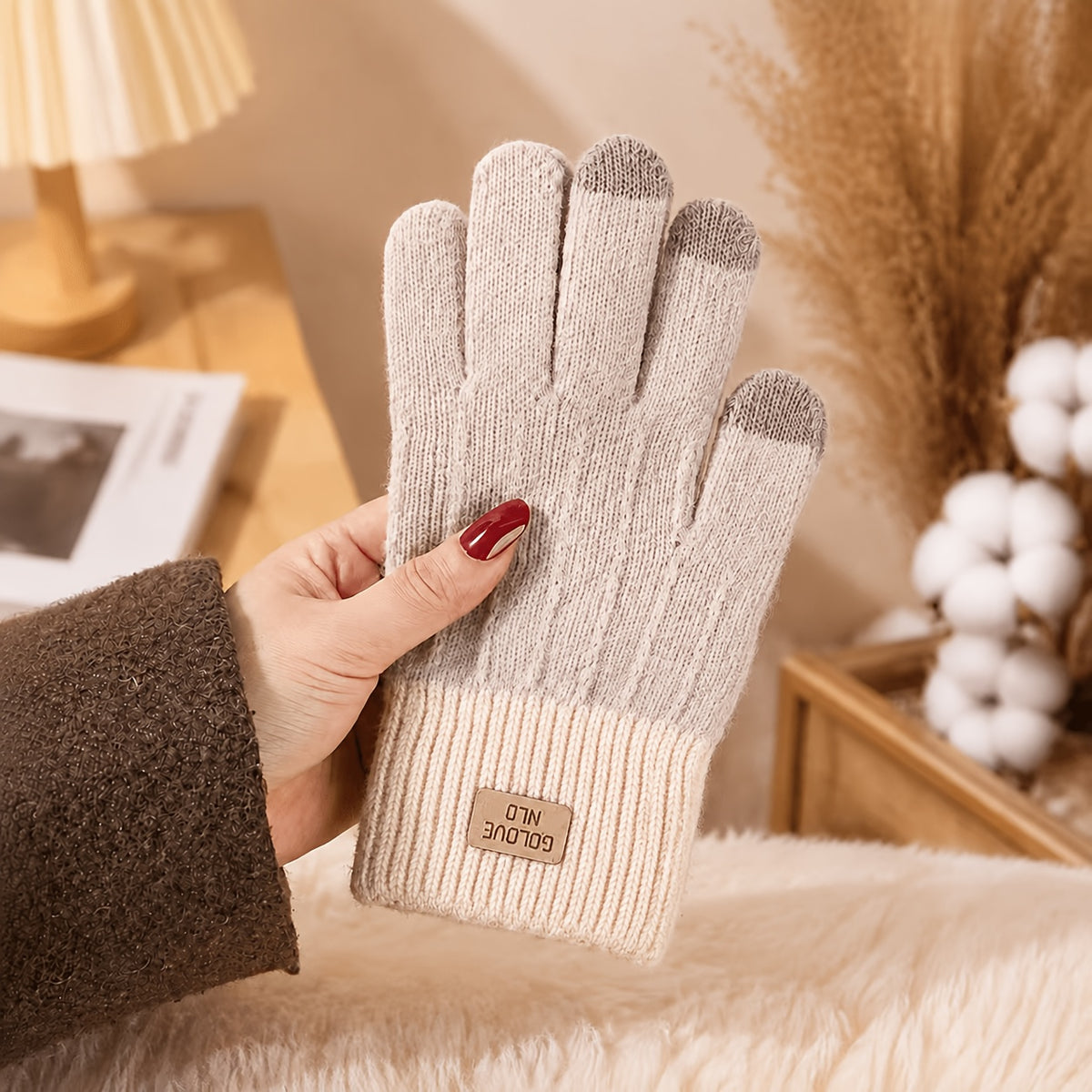 Gants tactiles bicolores à motif fleuri à étiquette cousue en maille