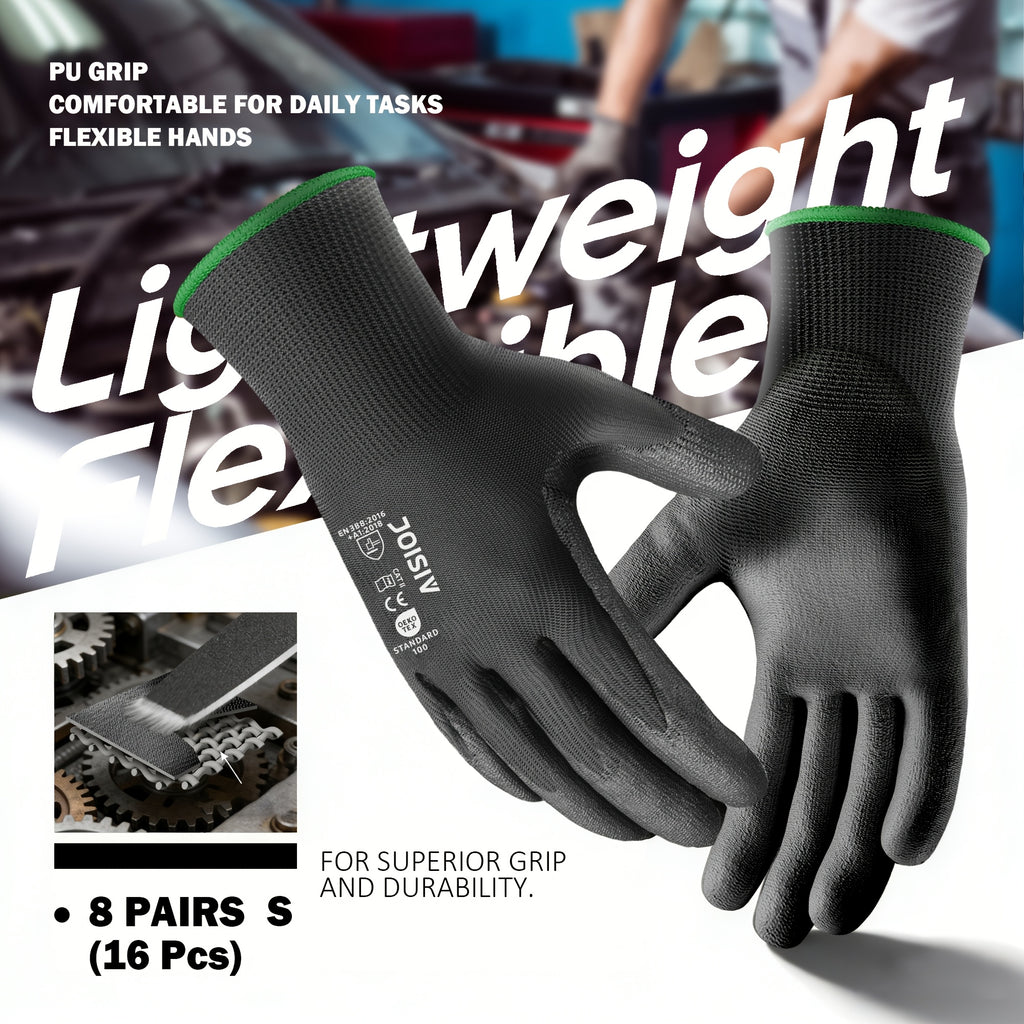 Gants de travail antidérapants fins — lot de 8 paires, noir