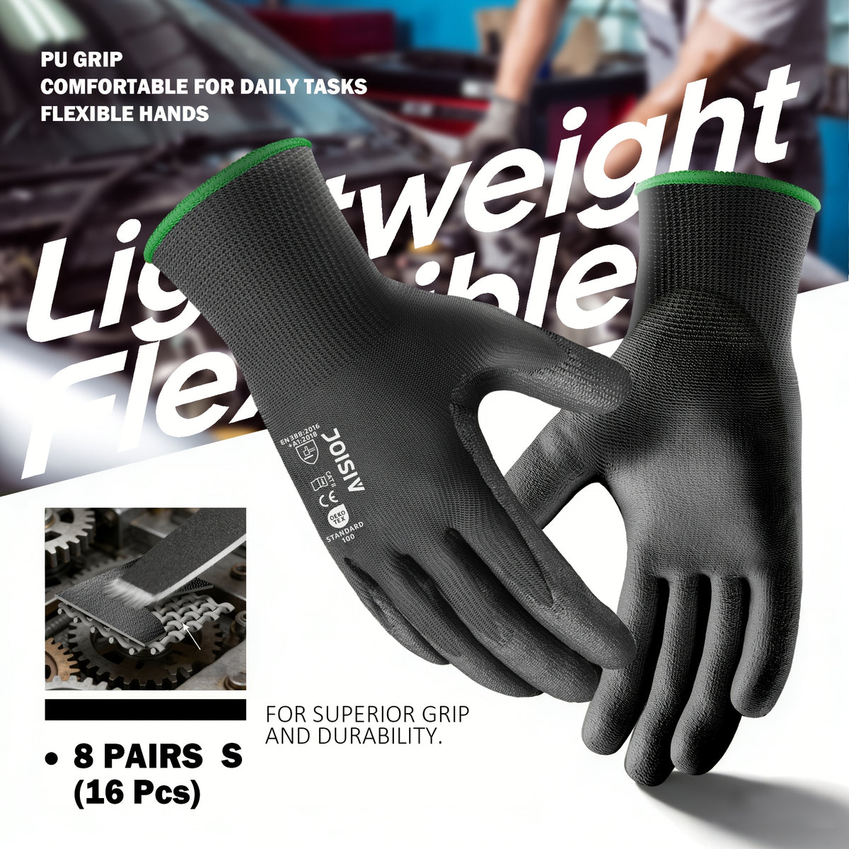 Gants de travail antidérapants fins — lot de 8 paires, noir