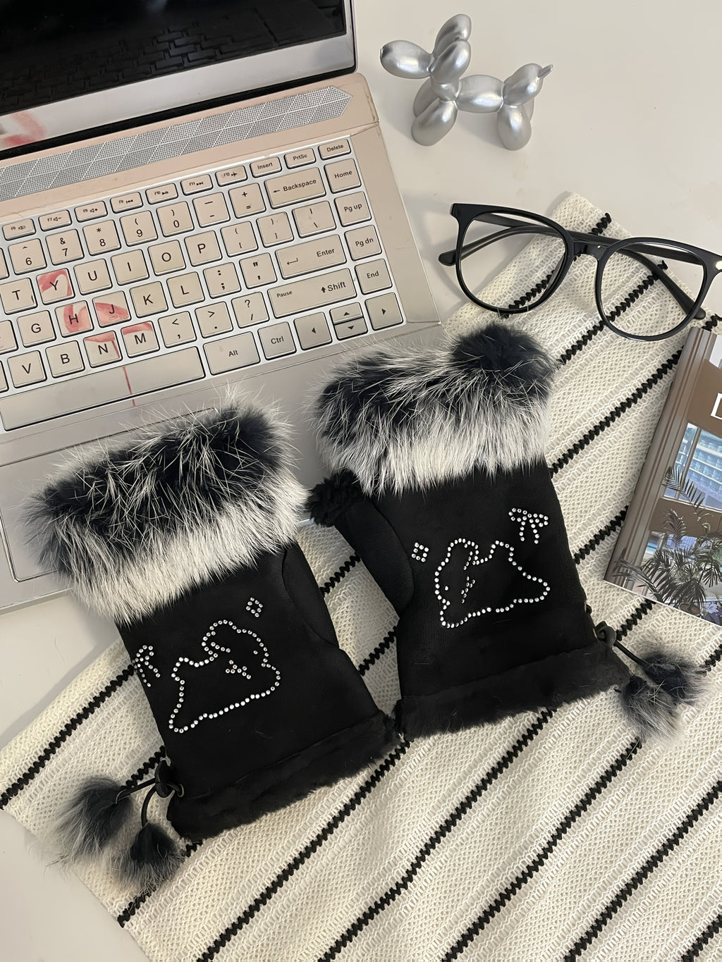 Gants sans doigts en maille, 2 coloris, blanc et noir