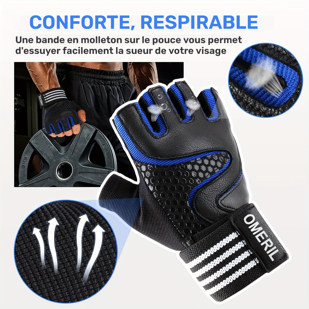 Gants de musculation antidérapants rayés à picots en maille
