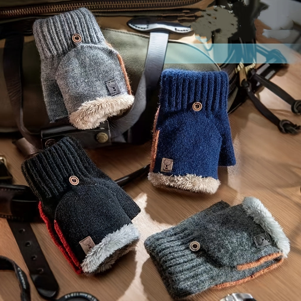 Gants-moufles à rabat de ski doublés peluche à étiquette cousue en maille