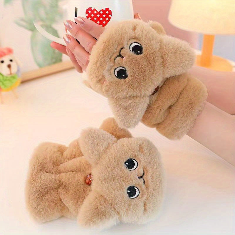 Gants-moufles tactiles à rabat en peluche brodés