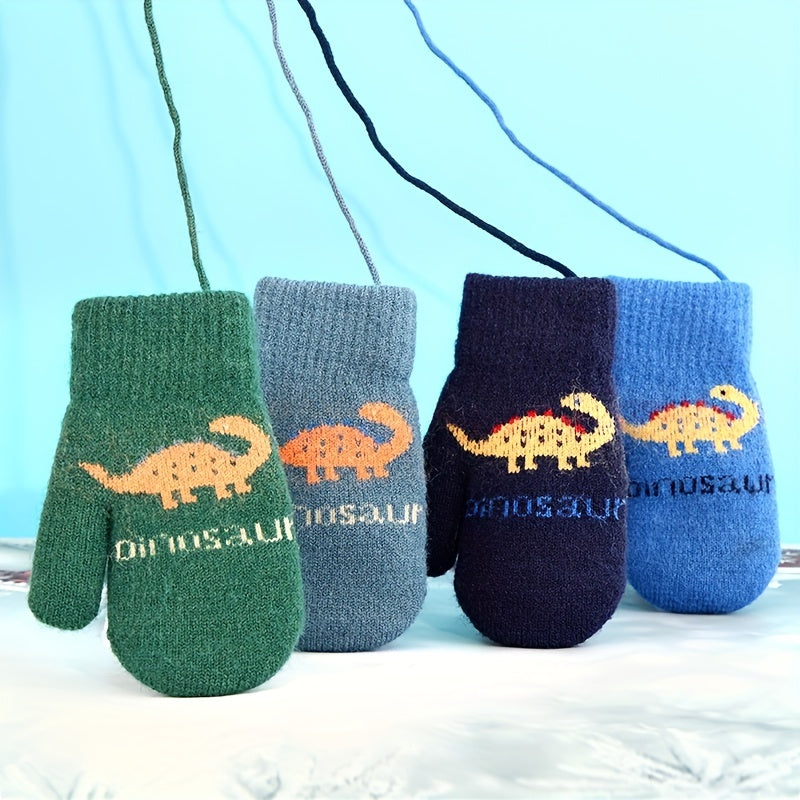 Moufles brodées à motif dinosaure reliées par un cordon en maille pour enfant