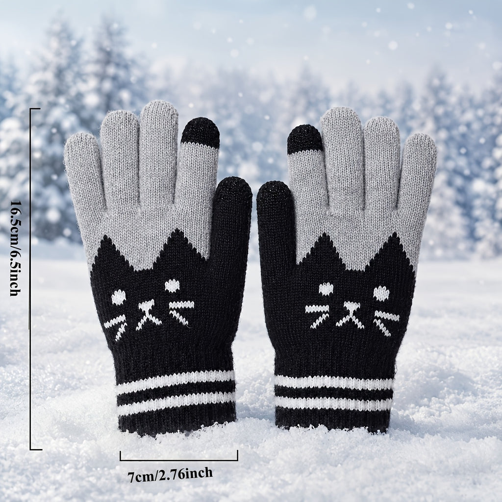 Gants à motif chat en maille pour enfant, rose