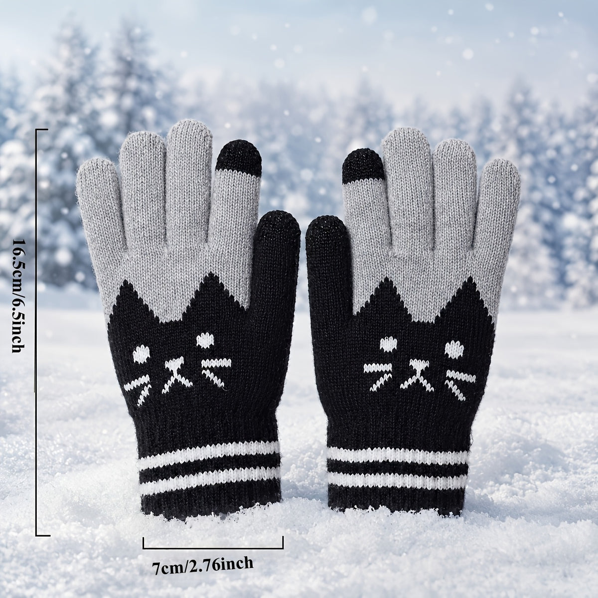 Gants à motif chat en maille pour enfant, rose