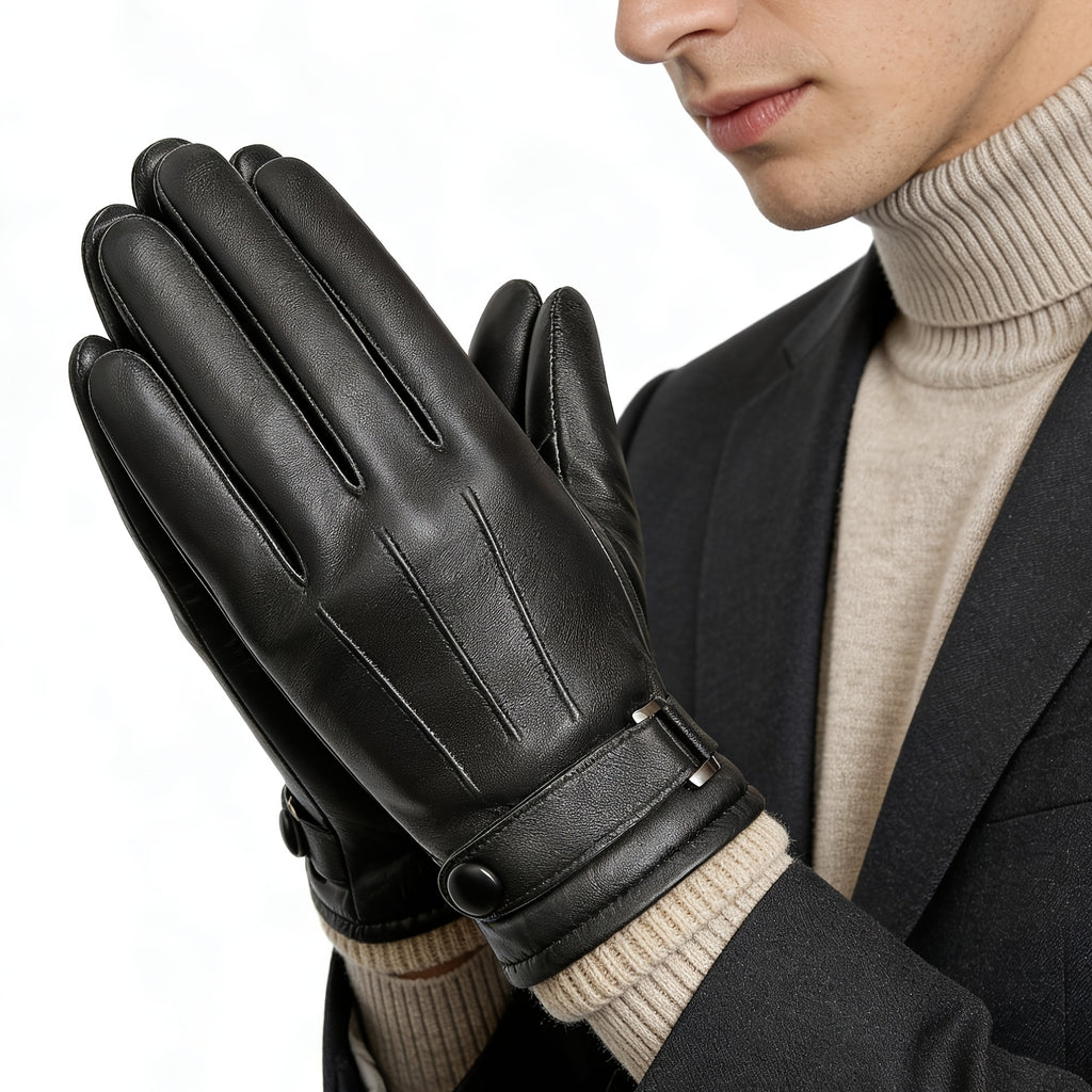 Gants coupe-vent doublés en cuir, noir