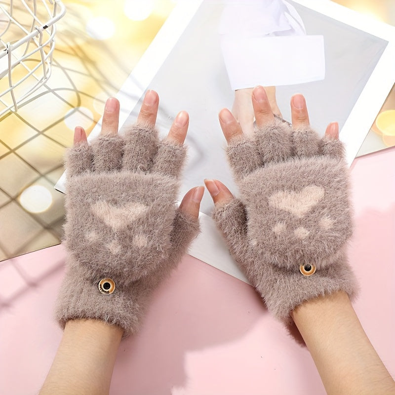 Gants-moufles à rabat tactiles à motif fleuri en peluche