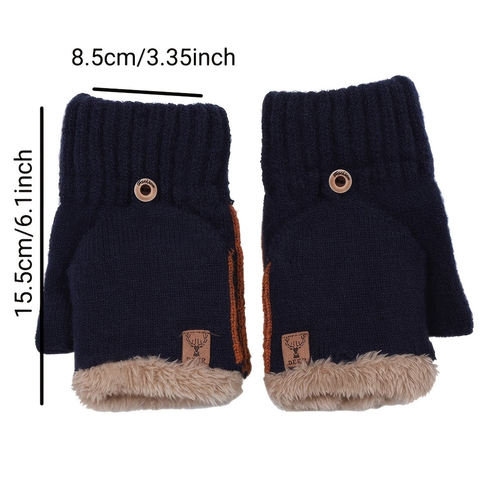 Gants-moufles à rabat de ski doublés peluche à étiquette cousue en maille