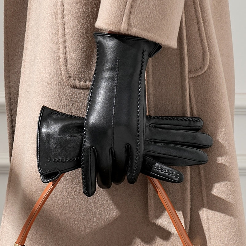 Gants tactiles à surpiqûres en cuir de mouton, du S au L, noir