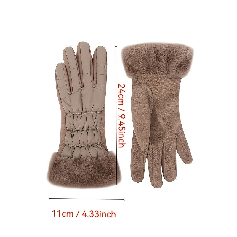 Gants tactiles épais à revers de fourrure à surpiqûres en suédine