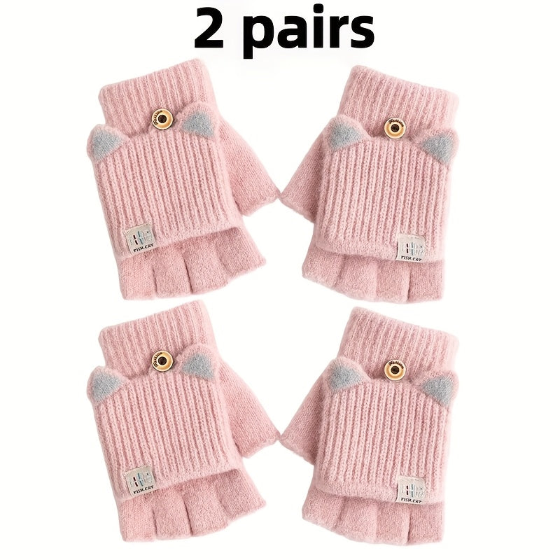 Rose - Ensemble de Gants à Oreilles de Chat avec Couverture Rabattable