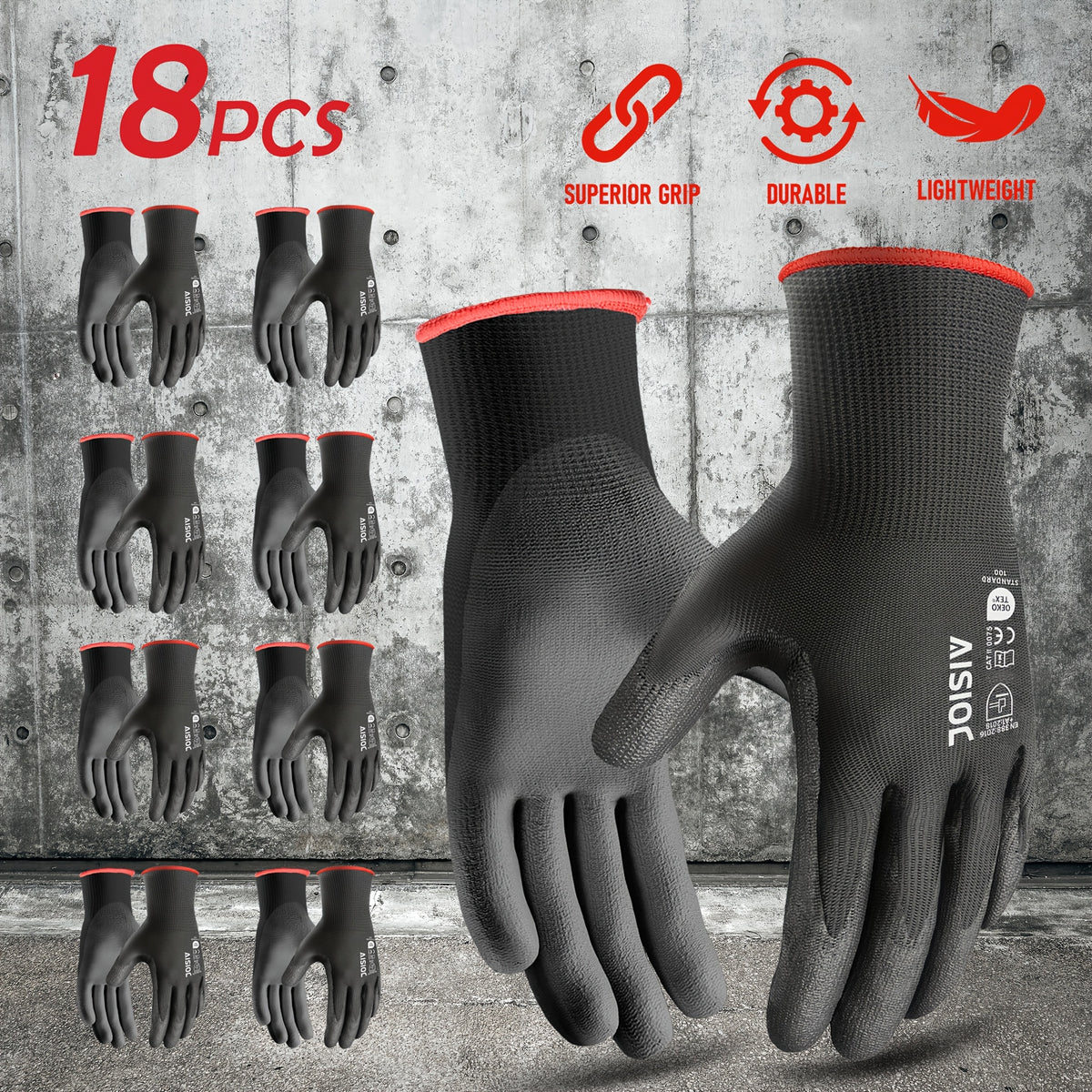 Gants de travail en maille enduite — lot de 18 paires