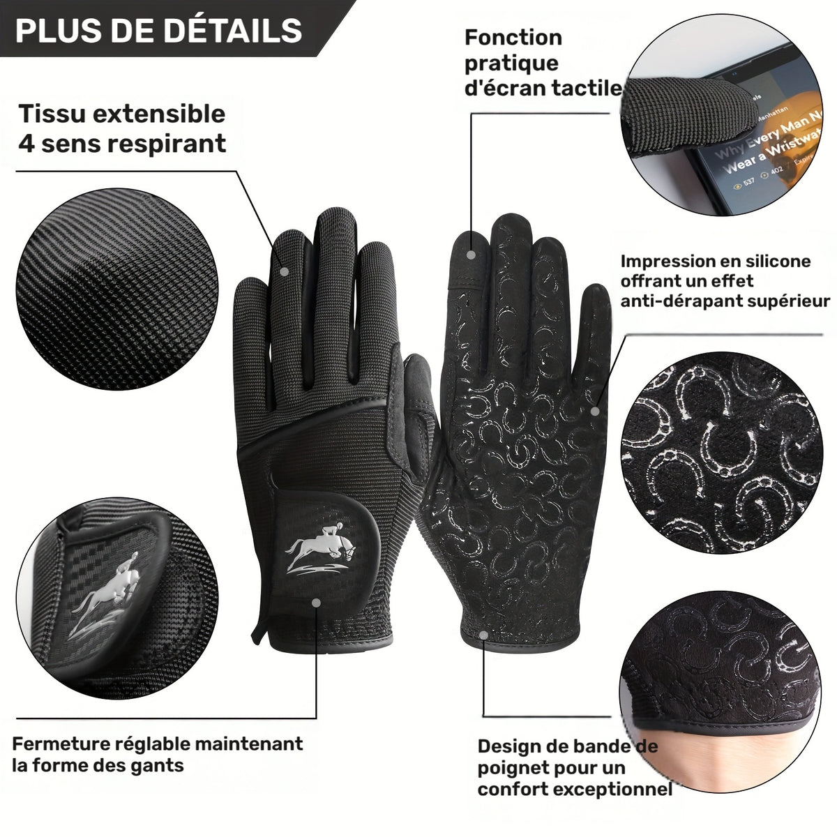 Gants d'équitation respirants à paume renforcée en maille