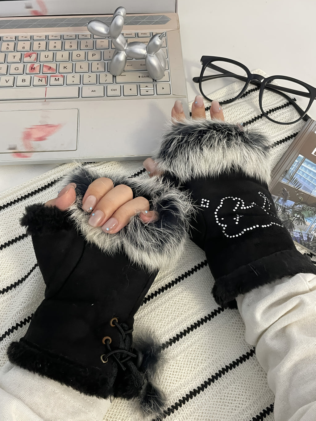 Gants sans doigts en maille, 2 coloris, blanc et noir