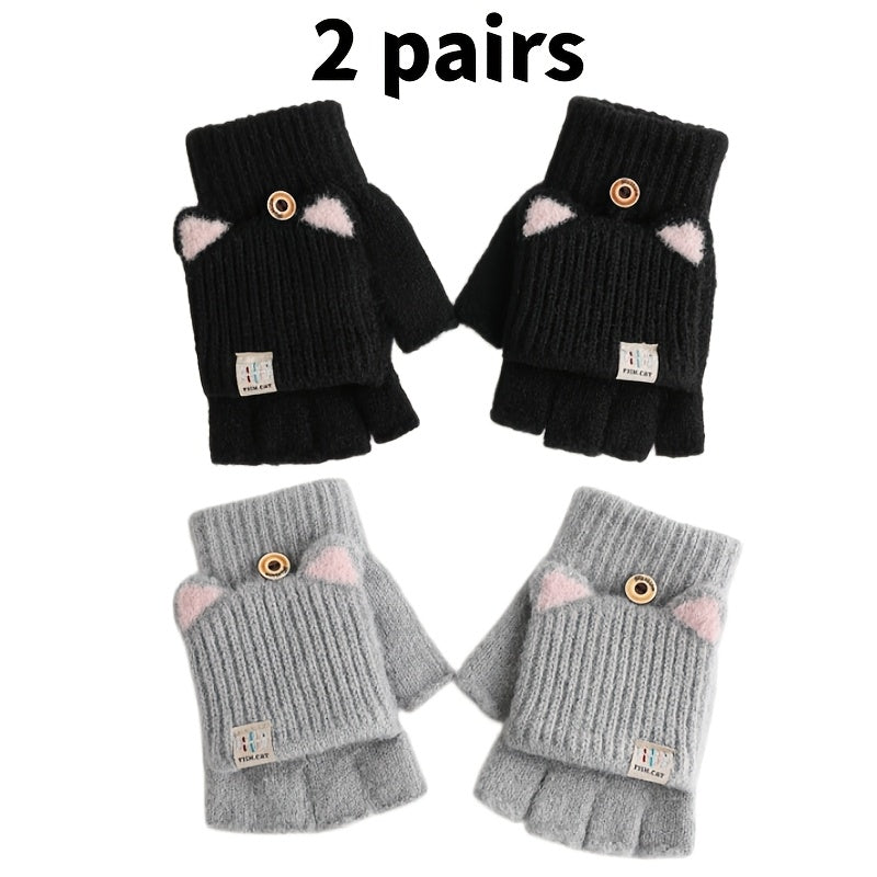 Noir + Gris - Ensemble de Gants à Oreilles de Chat à Rabat
