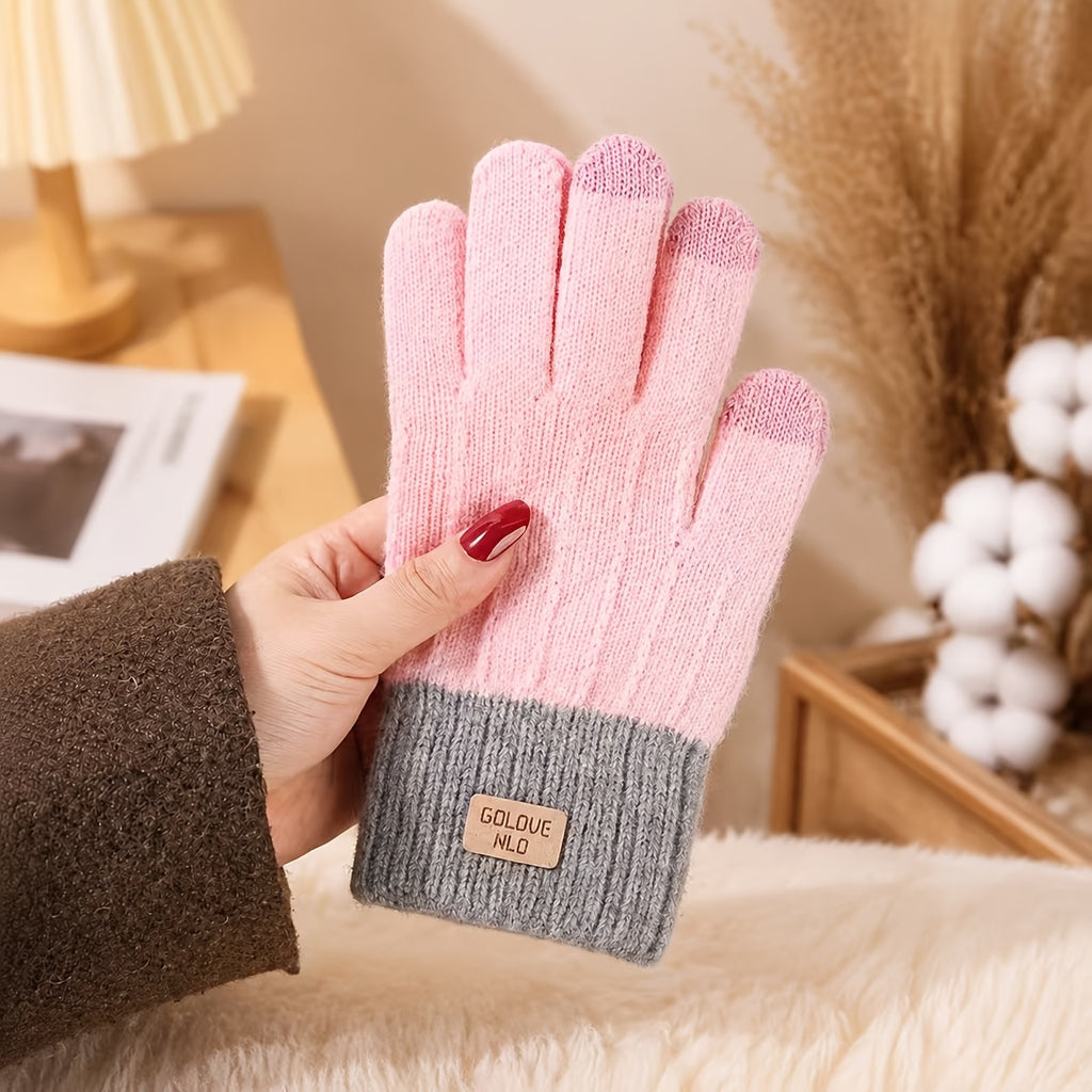 Gants tactiles bicolores à motif fleuri à étiquette cousue en maille