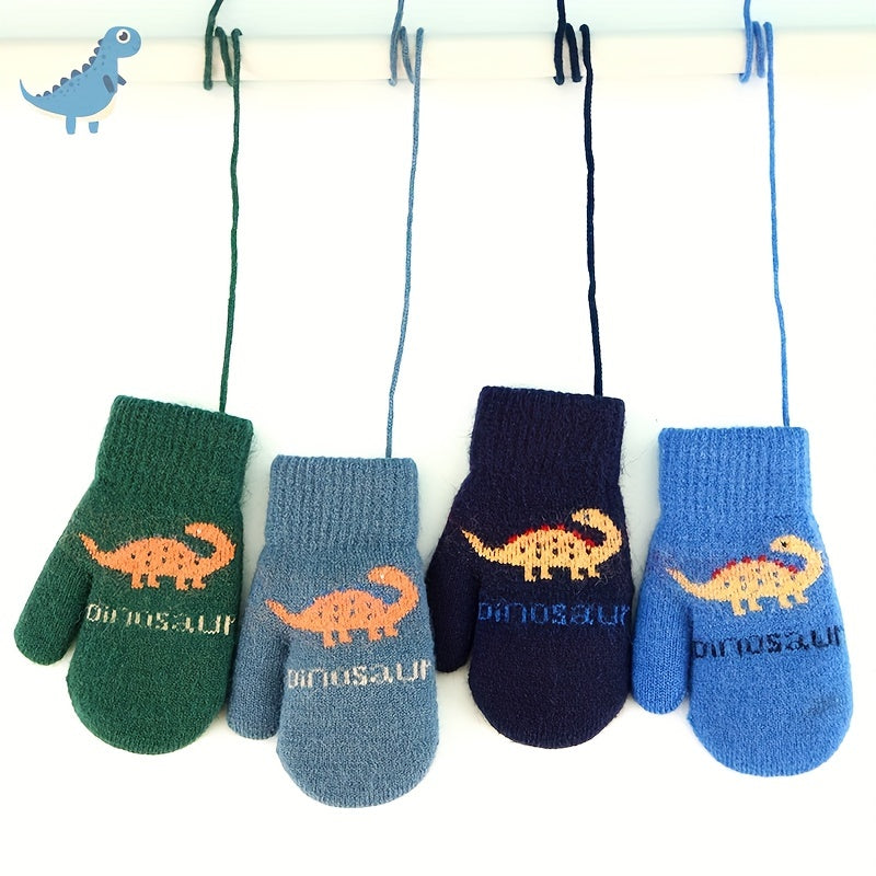 Moufles brodées à motif dinosaure reliées par un cordon en maille pour enfant