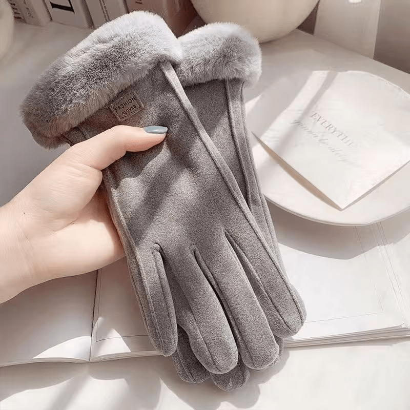 Gants tactiles à revers de fourrure en suédine à boucle