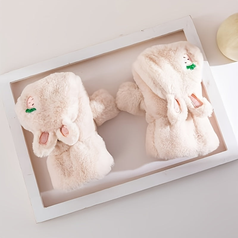 Gants-moufles tactiles à rabat en peluche brodés