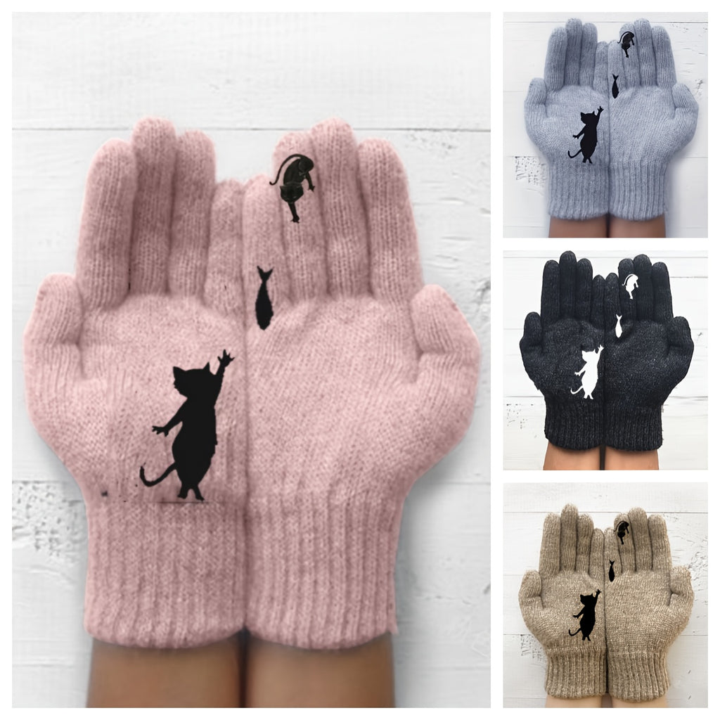 Gants tactiles à motif chat en maille duveteuse