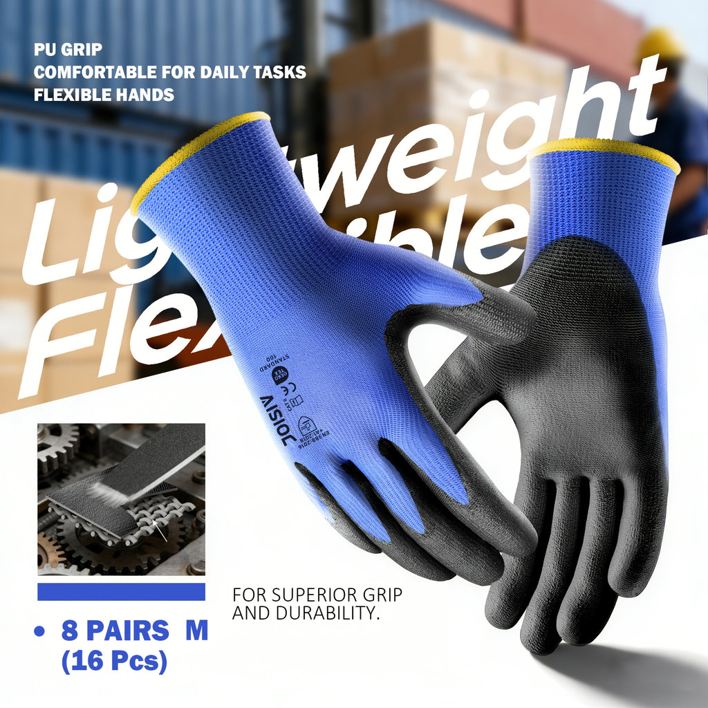 Gants de travail antidérapants fins — lot de 8 paires, bleu