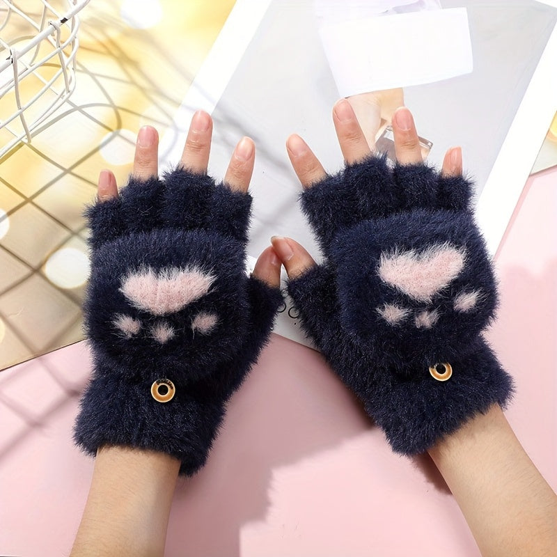 Gants-moufles à rabat tactiles à motif fleuri en peluche