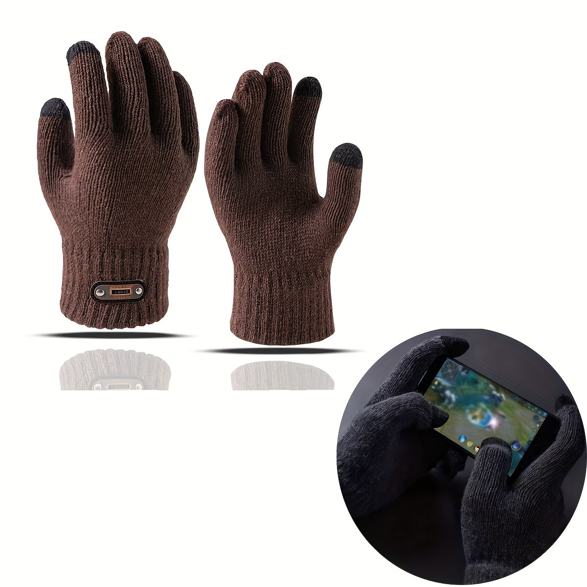 Gants tactiles doublés thermiques en maille, 4 coloris, noir, gris foncé, couleur marine et couleur café, couleur café