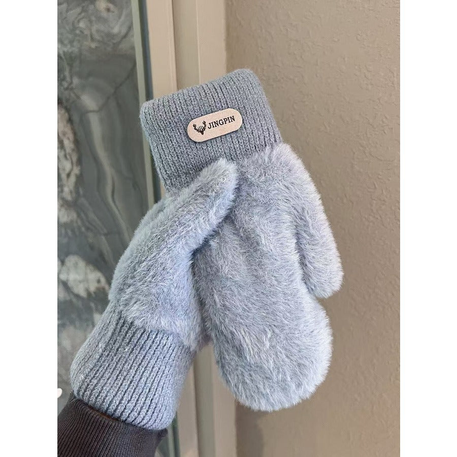 Moufles à étiquette cousue en peluche, étiqueté kaki