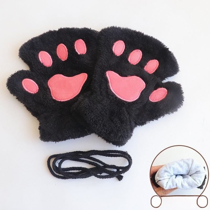 Gants-moufles à rabat à motif chat en peluche pattes de chat