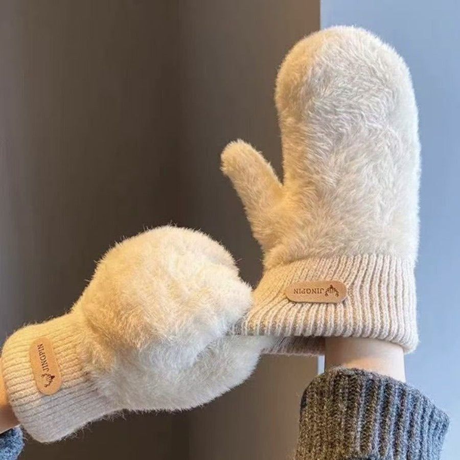 Moufles à étiquette cousue en peluche, kaki étiqueté