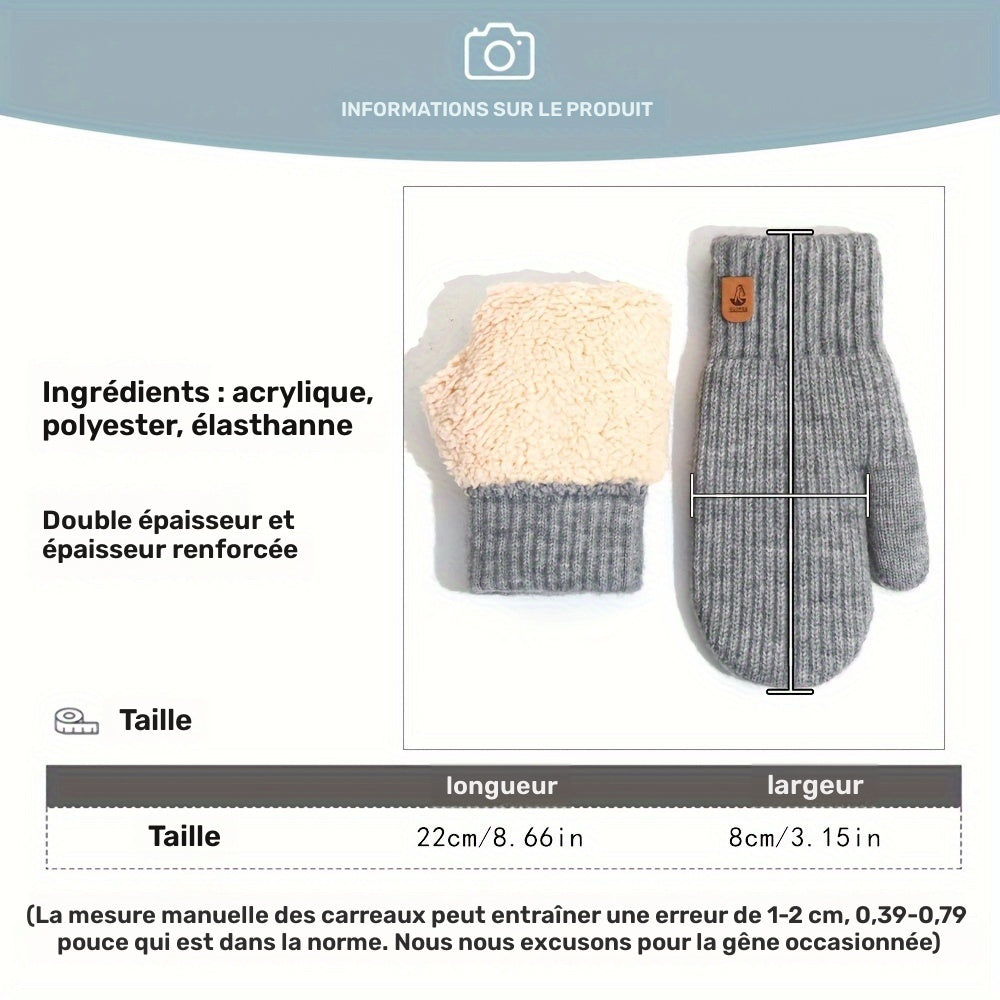 Gants mitaines doublés thermiques en laine, 4 coloris