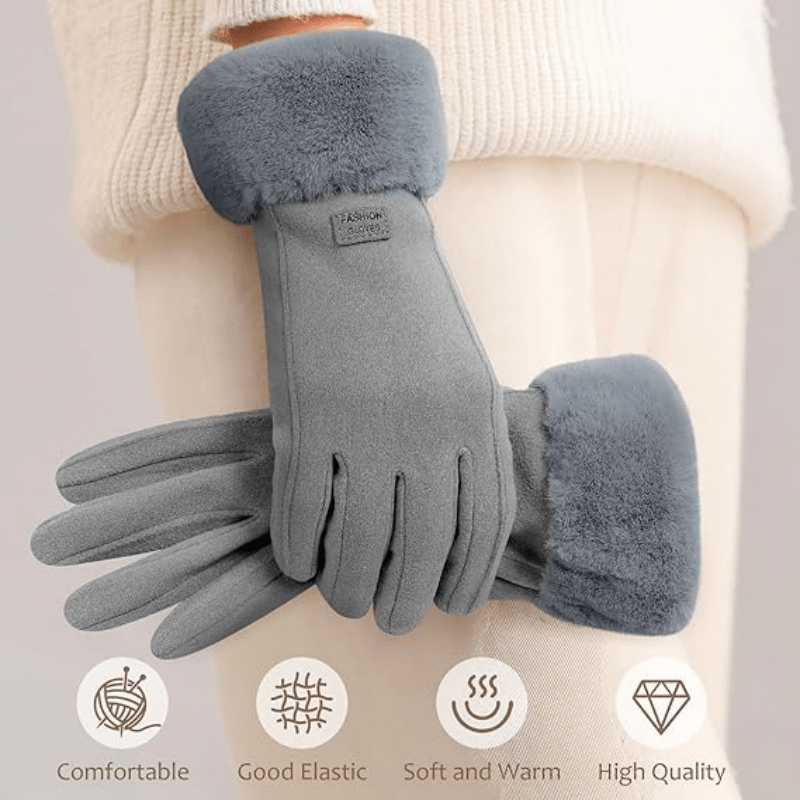 Gants tactiles à revers de fourrure en suédine à boucle