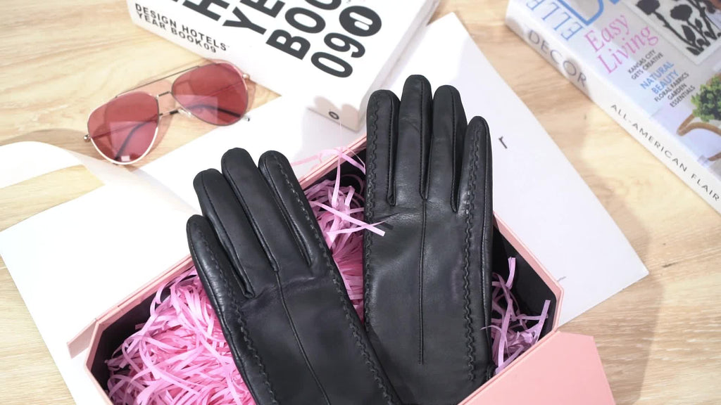Gants tactiles à surpiqûres en cuir de mouton, du S au L, noir