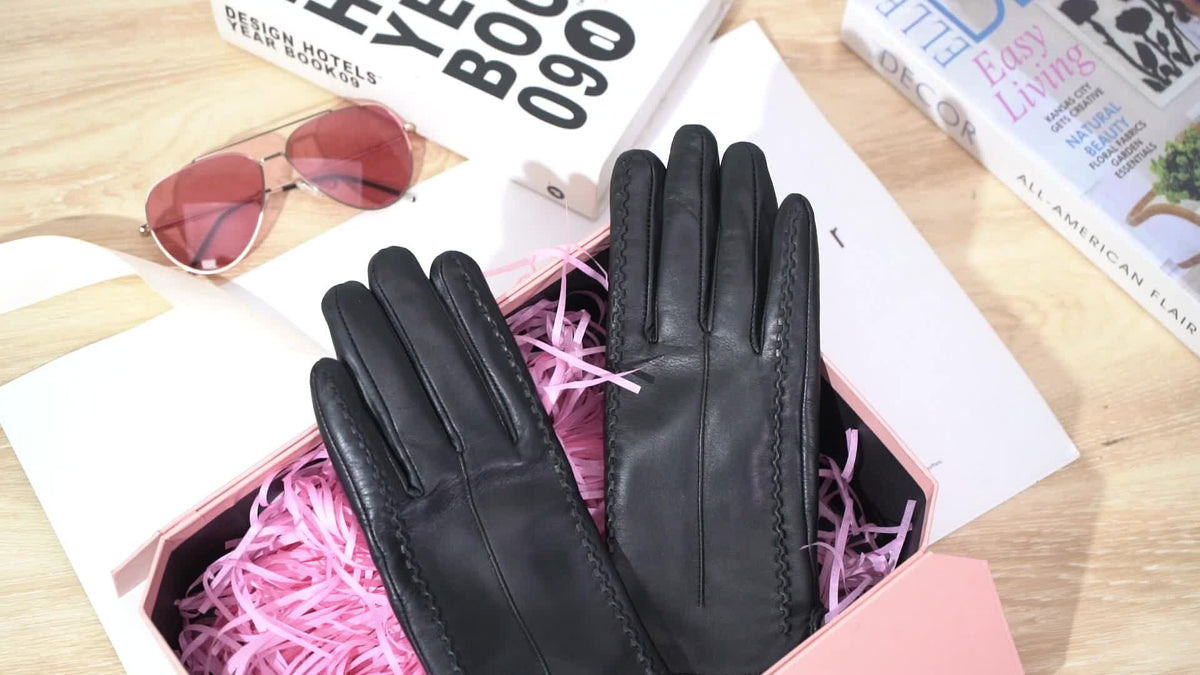 Gants tactiles à surpiqûres en cuir de mouton, du S au L, noir