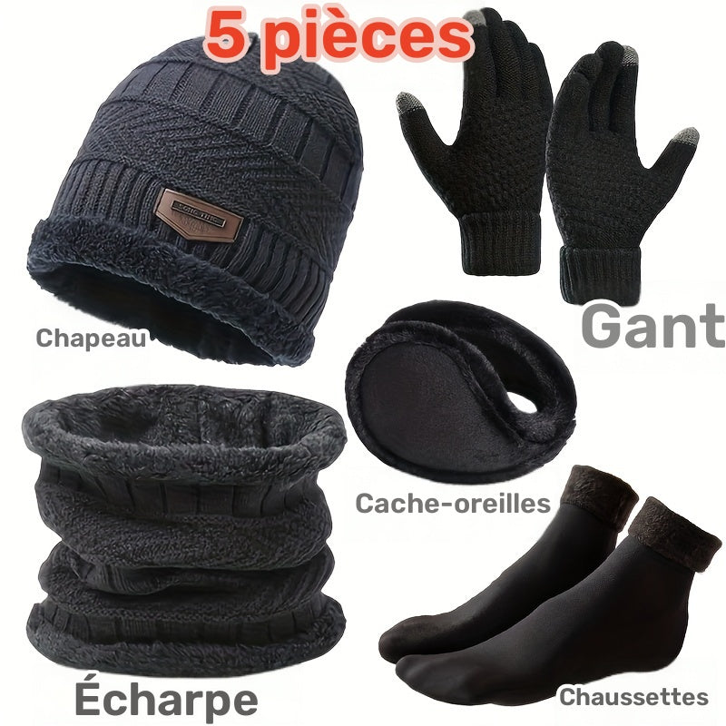 Ensemble 5 pièces — bonnet, tour de cou, gants, chaussettes et cache-oreilles