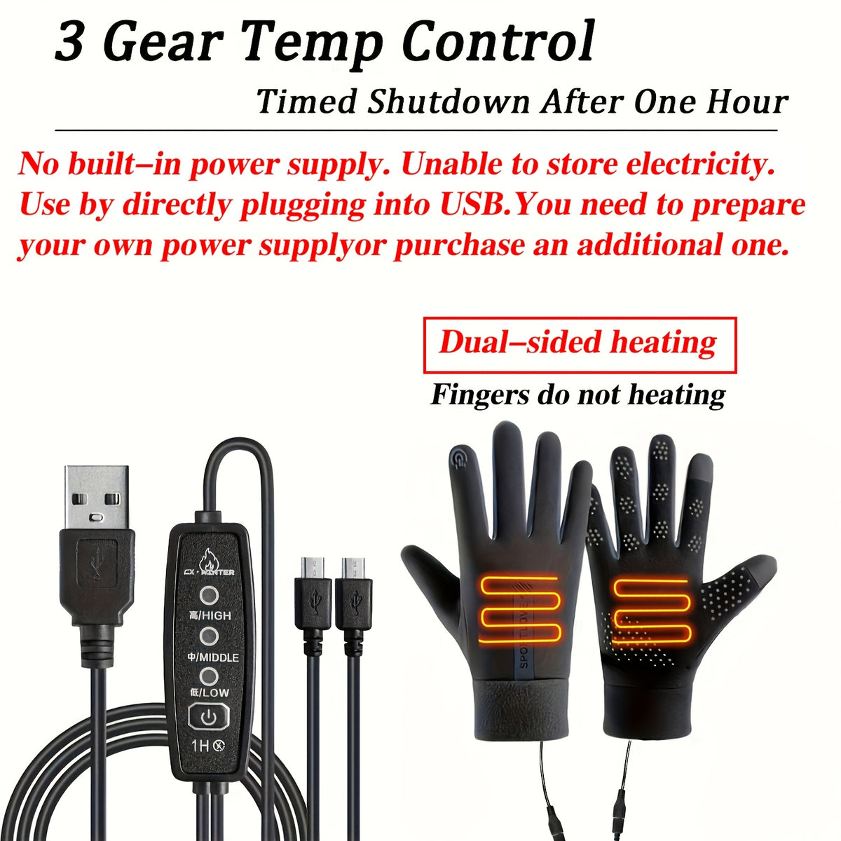 Gants doublés, chauffants, noir l contrôle de température