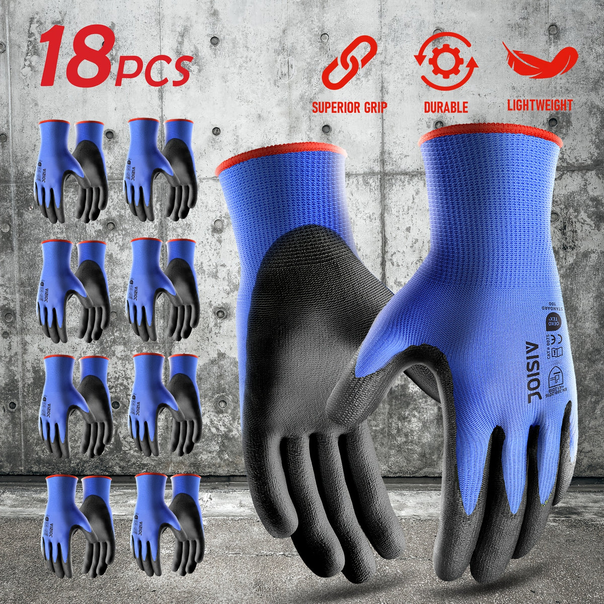 Gants de travail en maille enduite — lot de 18 paires